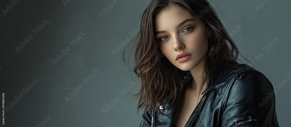 Poster studio portrait of a good looking young woman wearing a black leather jacket set against a simple ba