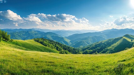 Panoramic view of a serene mountain landscape with rolling green hills and a clear blue sky