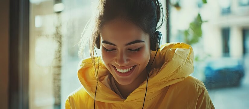 Smiling young woman enjoying music with her cellphone and earphones. with copy space image. Place for adding text or design
