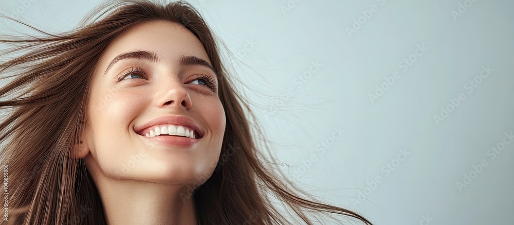 Aufkleber portrait of a joyful and attractive woman with straight brown hair. with copy space image. place for