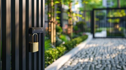 A Golden Padlock Secures a Black Metal Gate Leading to a Stone Pathway Surrounded by Greenery