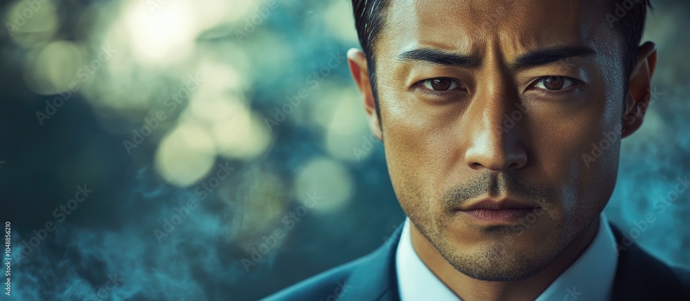 Poster portrait of a japanese man in his thirties wearing a suit. with copy space image. place for adding t