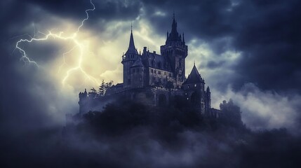 An imposing medieval castle stands on a hilltop, shrouded in fog and illuminated by a lightning strike.