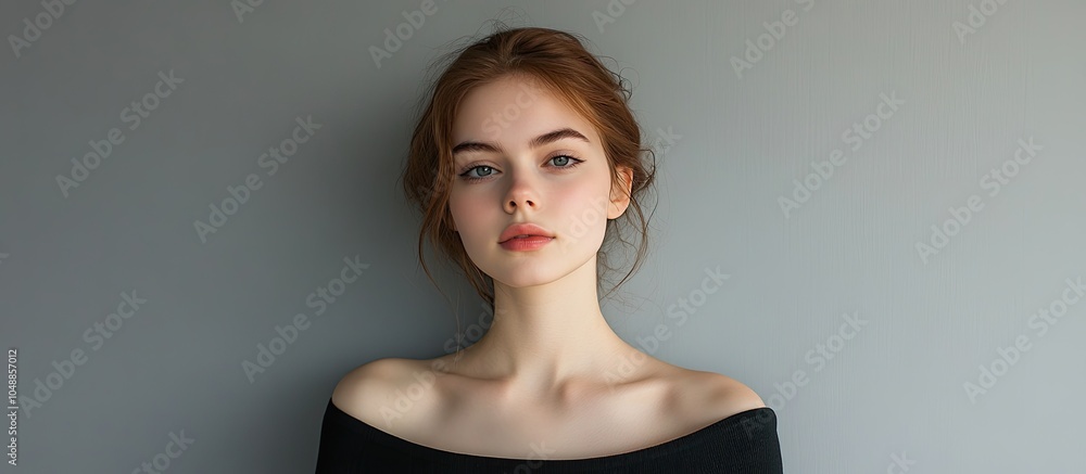 Poster Studio photograph of a young attractive woman set against a gray backdrop. with copy space image. Place for adding text or design