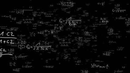 Hand drawn physics formula background animation, electric and electronic basic formulas flying through 3D space from a blackboard, concepts, ideas, 4k - Powered by Adobe