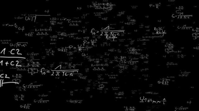 Hand drawn physics formula background animation, electric and electronic basic formulas flying through 3D space from a blackboard, concepts, ideas, 4k - Powered by Adobe