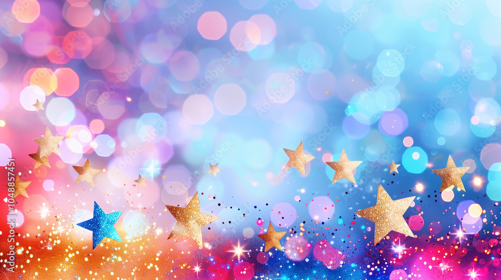 Poster stars and colorful background design with glittering lights and bokeh effects