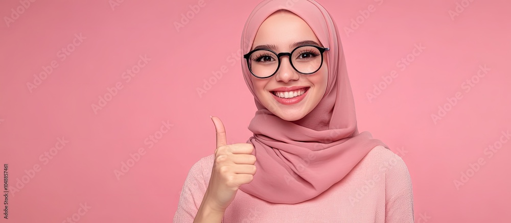 Poster Young beautiful Arab woman in glasses against an isolated background smiling happily while looking and pointing to the side with her thumb up. with copy space image. Place for adding text or design