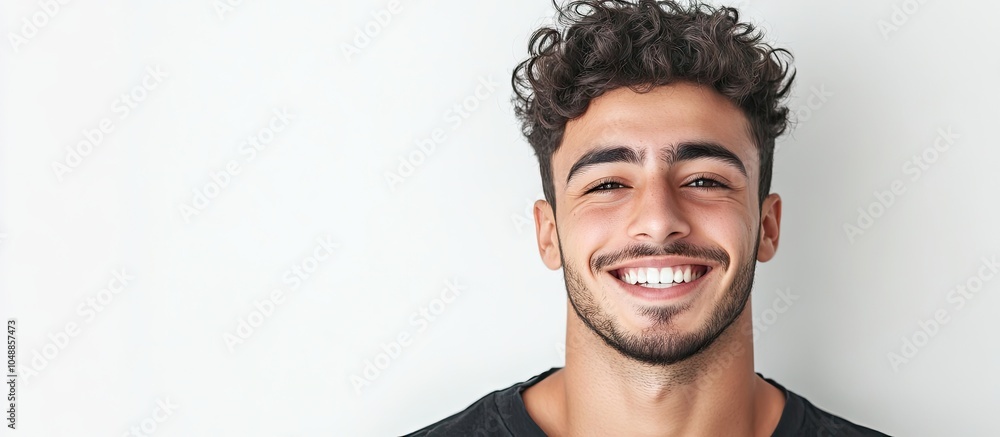 Poster Portrait of a stylish young Arab man smiling in front of a white background. with copy space image. Place for adding text or design