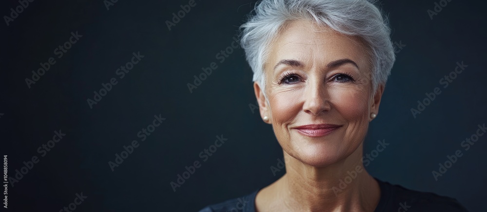 Poster portrait of a lovely mature woman smiling and looking at the camera against a dark background. with 