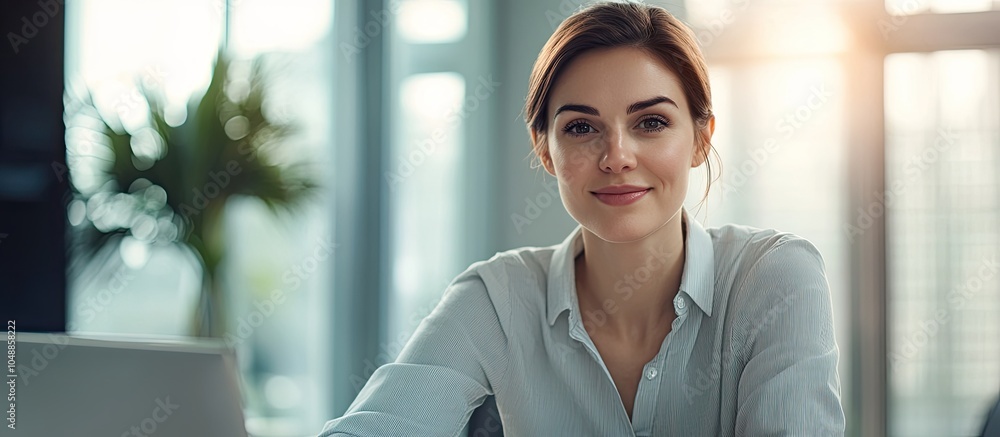 Poster One adult female manager is sitting at a table in the office working on cases while smiling. with copy space image. Place for adding text or design