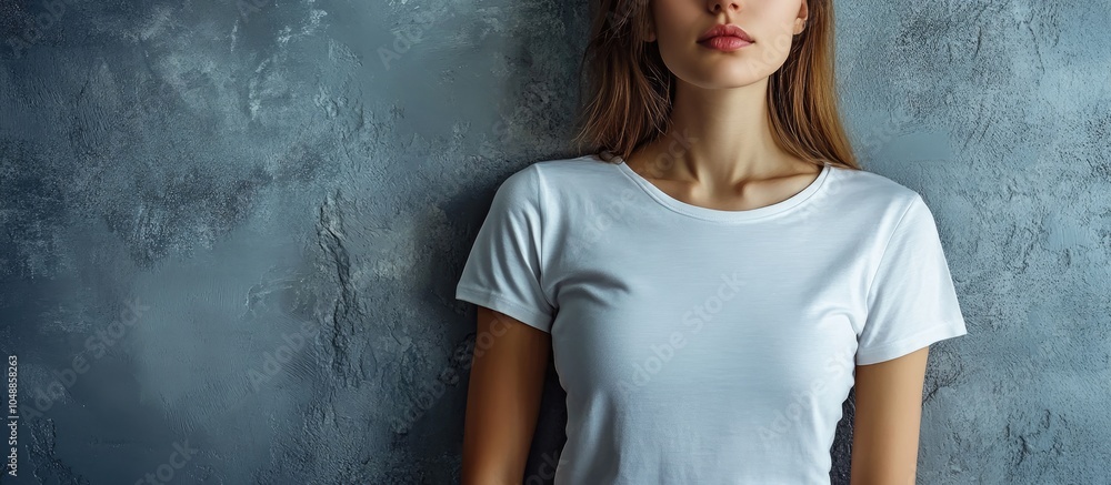 Poster young girl in a plain white t shirt standing in front of a grey textured wall. with copy space image