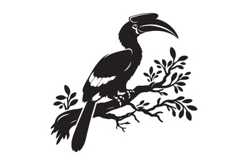 Hornbill sitting-on a tree silhouette vector illustration, Hornbill silhouette vector © Madhusudan
