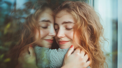 Woman hugging her reflection, self acceptance. Woman hugging with her reflection in the mirror, self-acceptance, self care concept