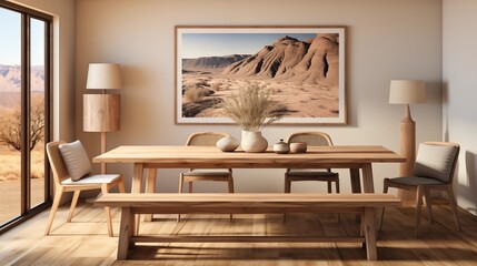 A farmhouse dining room with a rustic table, bench, and chairs, styled with a boho touch and poster frame on a soft beige wall.