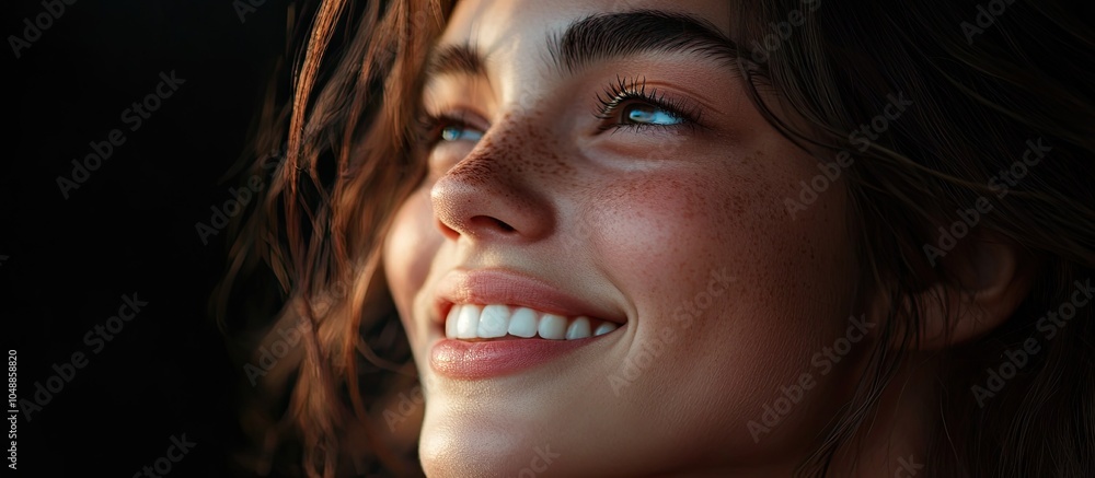 Poster Close up portrait of a young woman smiling and gazing off to the side. with copy space image. Place for adding text or design
