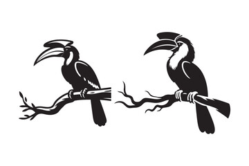 Hornbill sitting-on a tree silhouette vector illustration, Hornbill silhouette vector