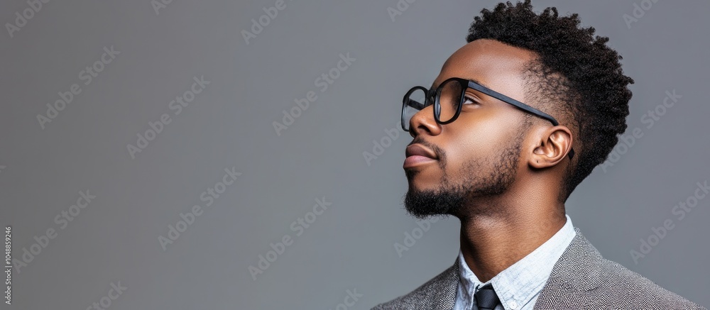 Poster portrait of a handsome young stylish african american man in eyeglasses looking off to the side isol