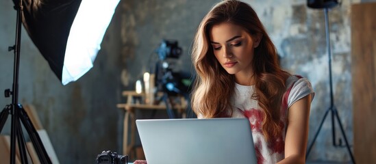 A female photographer in a photo studio is checking footage on her laptop Her work in photography is a hobby Soft selective focus. with copy space image. Place for adding text or design