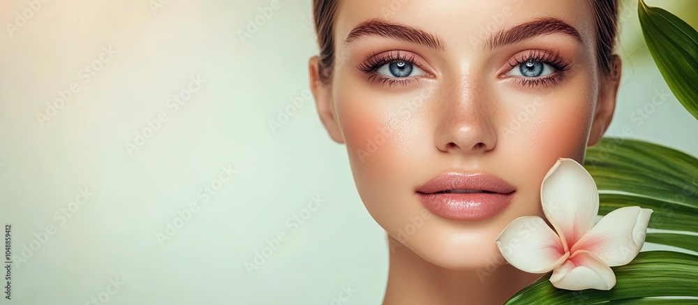 Poster the lovely face of a beautiful woman with fresh clear skin. with copy space image. place for adding 