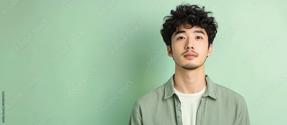 Poster the young asian man in smart casual attire is positioned against a light green background. with copy