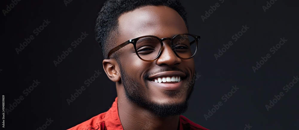 Poster Portrait of a stylish African American man smiling against a black background. with copy space image. Place for adding text or design
