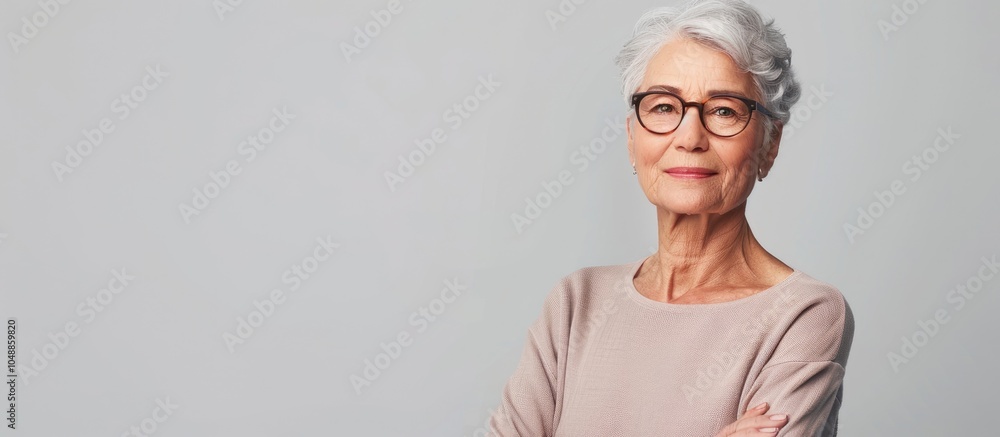 Poster studio portrait of a self assured senior woman standing against a white background. with copy space 