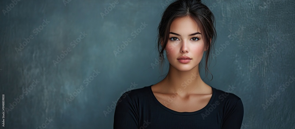 Poster studio photograph of a young attractive woman set against a gray backdrop. with copy space image. pl