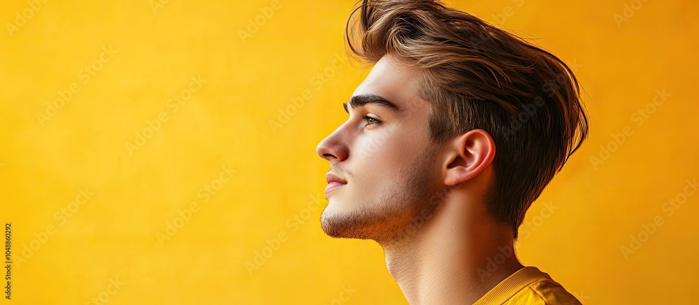 Poster portrait of a young and handsome man gazing to his left set against a yellow background. with copy s