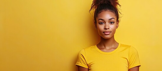 A youthful woman wearing a yellow T shirt. with copy space image. Place for adding text or design