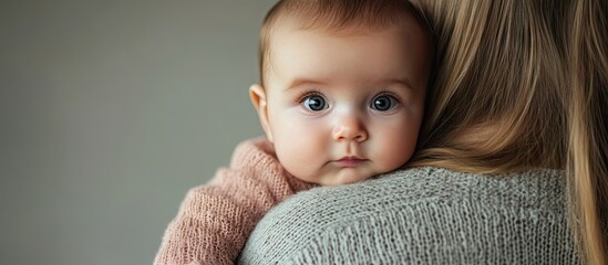 Portrait of a 6 month old baby girl being held by her young mother. with copy space image. Place for adding text or design