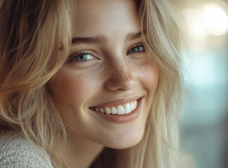 Naklejka premium Radiant smile of a freckled woman with sunlit blonde hair