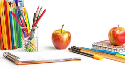 Naklejka premium School Supplies and Apples on a White Surface
