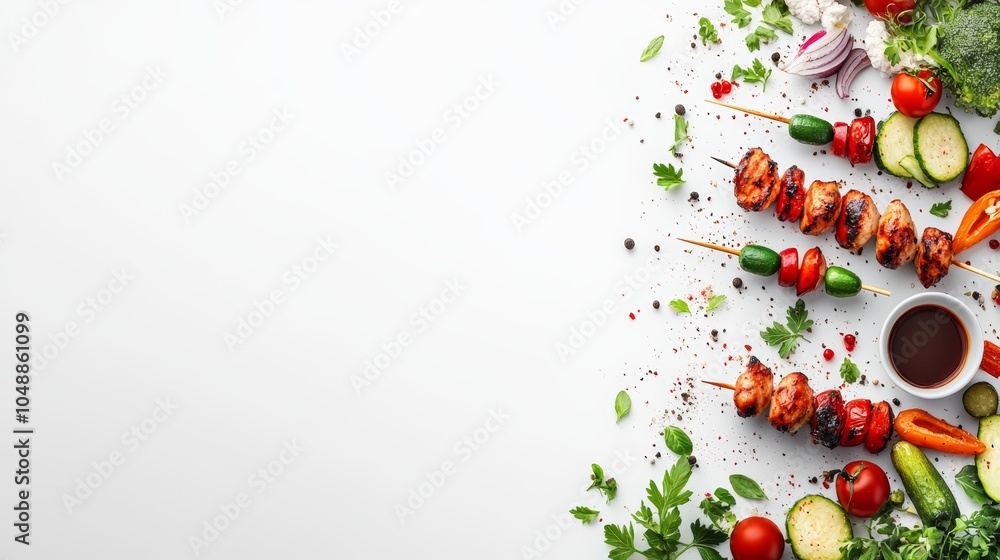 Poster top view of grilled chicken skewers with vegetables and spices on a white background with copy space
