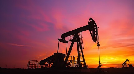 Silhouette of an oil pump jack against a vibrant sunset sky.