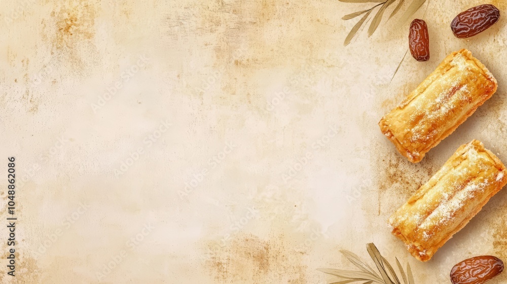 Poster two golden pastries and dates on a textured beige background with copy space.