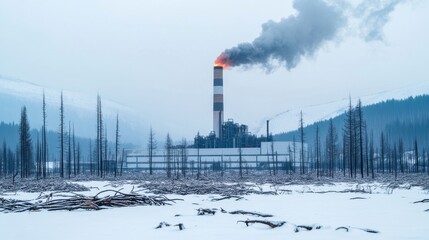 Obraz premium Factory Amidst a Snowy, Burned Landscape