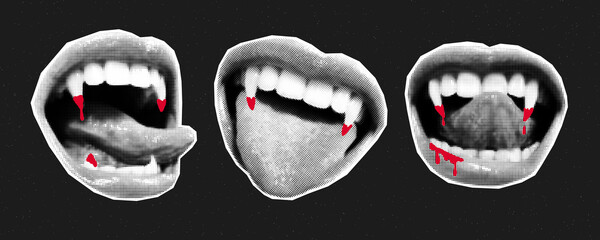 Open mouths of vampire with different emotions cut out from magazine, halftone collage stickers....