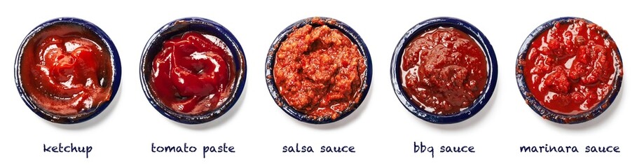 Various homemade tomato sauces in bowls on a white background