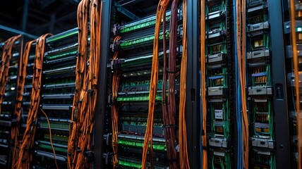 High-Tech Data Center with Fiber Optic Connections and Server Racks .