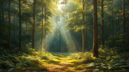 Obraz premium Dense forest with sunlight filtering through the trees: A lush forest scene with tall, leafy trees. Sunlight filters through the branches, casting warm dappled light on the forest