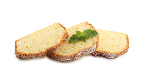 Slices of freshly baked sponge cake isolated on white