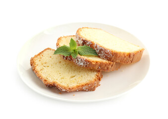 Slices of freshly baked sponge cake isolated on white