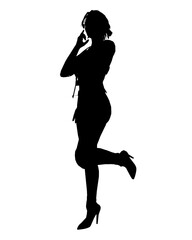 Silhouette of a girl in trousers, shirt and high heels. The girl stands with one leg raised back and one hand raised to her head. Vector illustration.