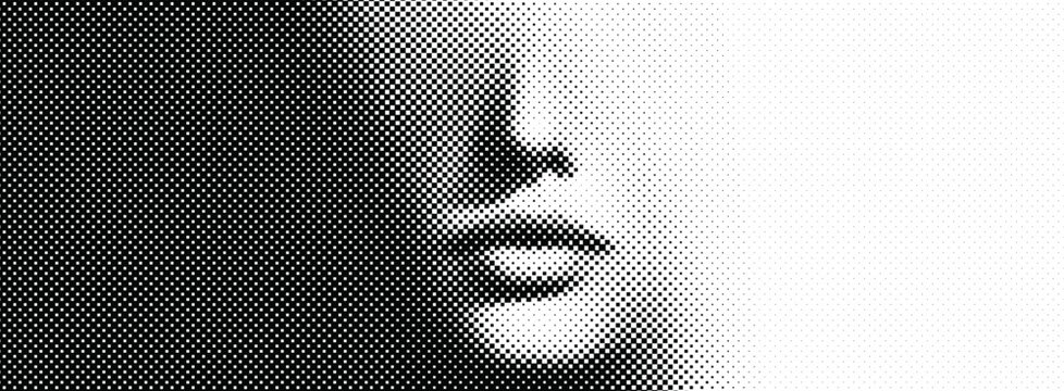 A face emerges subtly from a faint background, overlaid with a transparent halftone dot screen ideal for comics, magazines, and advertisements.
