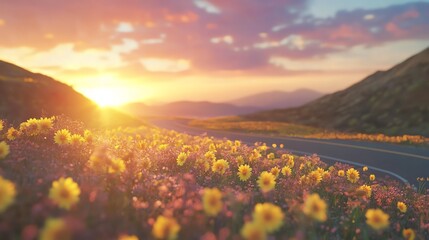 Sunset over field and winding road
