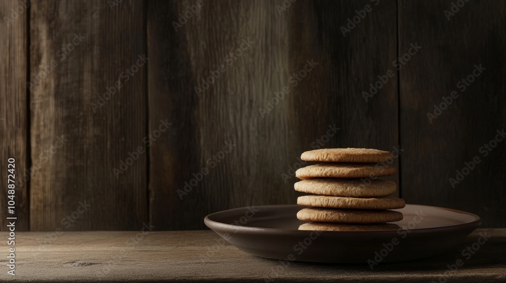 Poster a stack of five cookies on a brown plate, resting on a rustic wooden surface. the backdrop is a wood