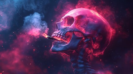 A fiery skull with a cigarette, emitting smoke and flames against a dark blue background.