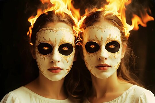 image of two demon girls white faces with orange eyes hair on fire 