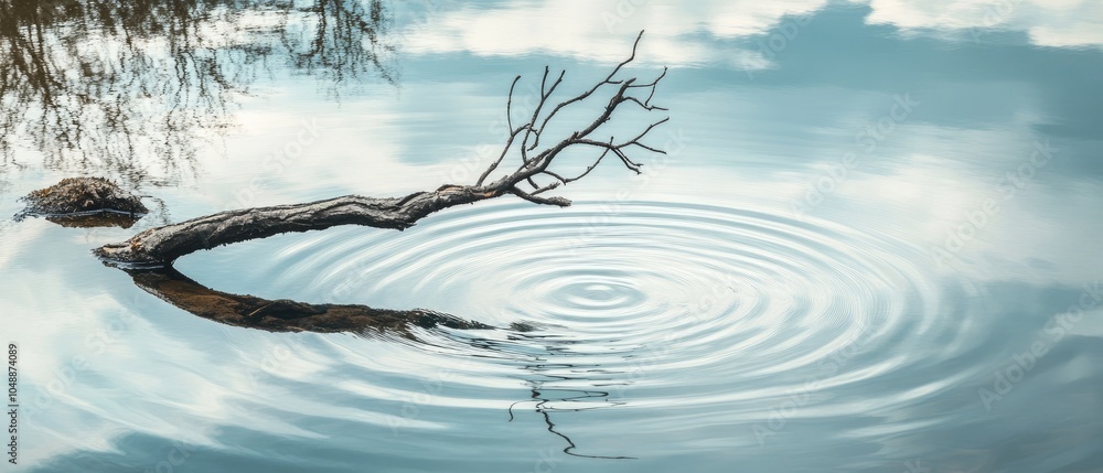 Poster a serene reflection of a branch in calm water, creating ripples under a cloudy sky.